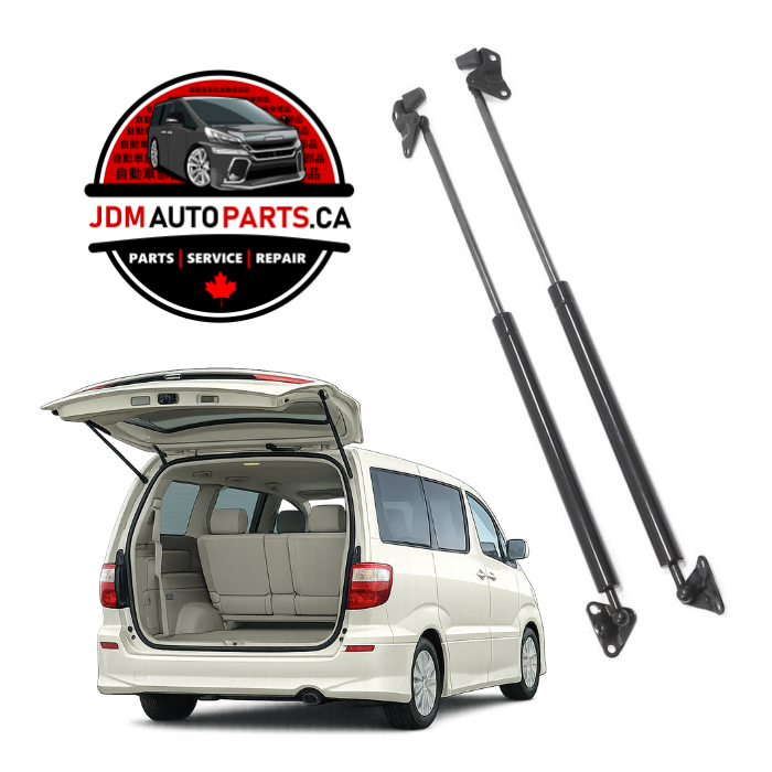 Two car lift support struts with a white van and JDM Auto Parts CA logo.