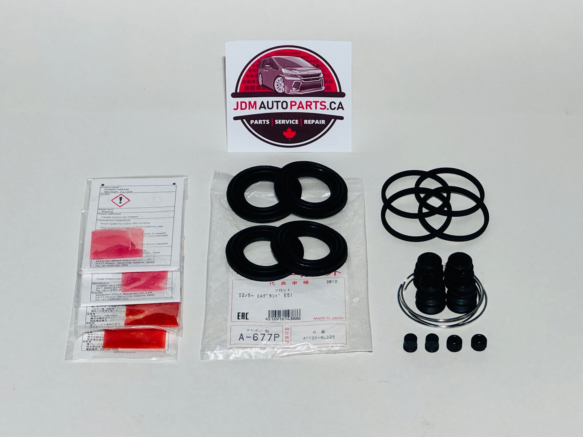 Automotive parts including gaskets and seals with JDM Auto Parts CA branding on a white background.
