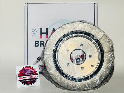 Car brake disc with packaging and JDM Auto Parts Canada logo in the background