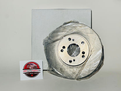 A pair of new aftermarket brake rotors for Honda Stepwgn, packaged in plastic, with a business card showing a logo and contact information.