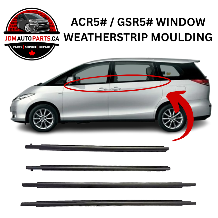 A silver minivan shown in side profile with a red oval highlighting the side window weatherstrip area and a red arrow pointing to the installed strip. Below the vehicle are four long black weatherstrip molding pieces on a white background.