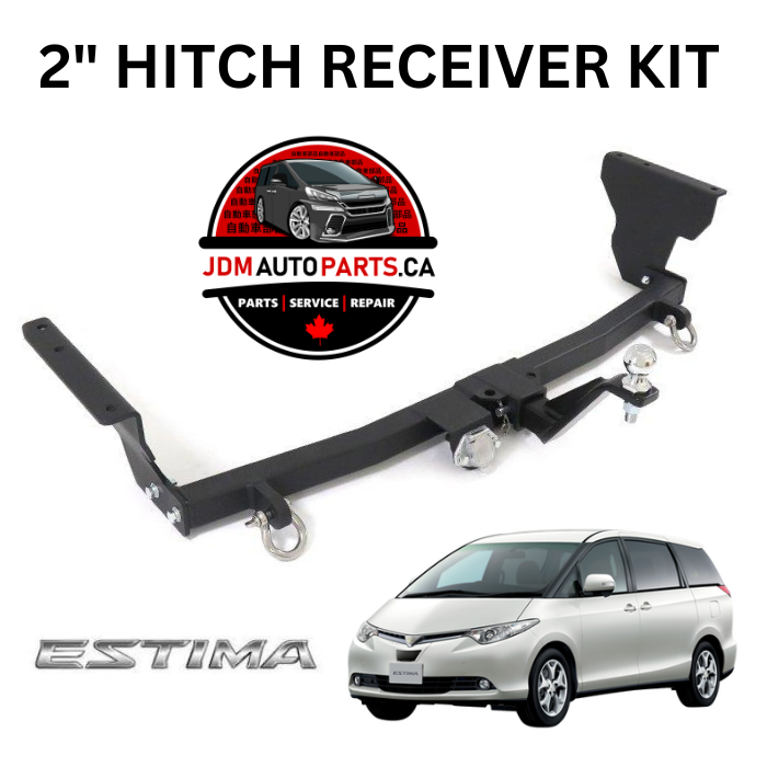 A 2-inch hitch receiver kit for a minivan, featuring a black metal hitch with silver hardware and a hitch ball. The image includes a Honda Estima minivan, the 'JDM Auto Parts' logo, and 'ESTIMA' text on a white background.