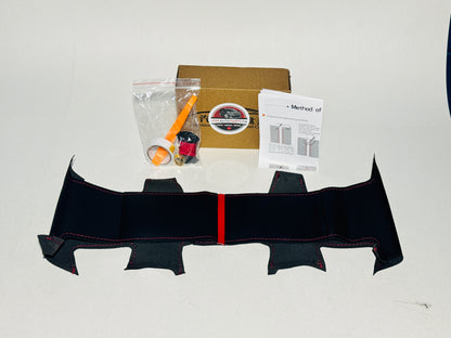 Black car mat with a box, cup, and paper on a white background