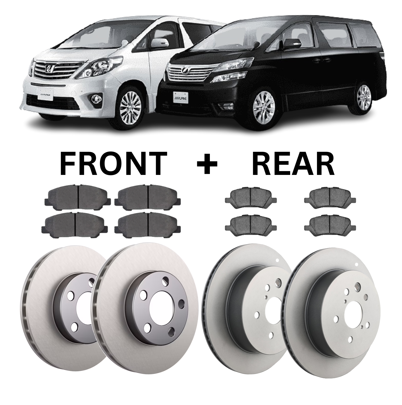 Brake parts including rotors and pads with two Toyota vehicles in the background.