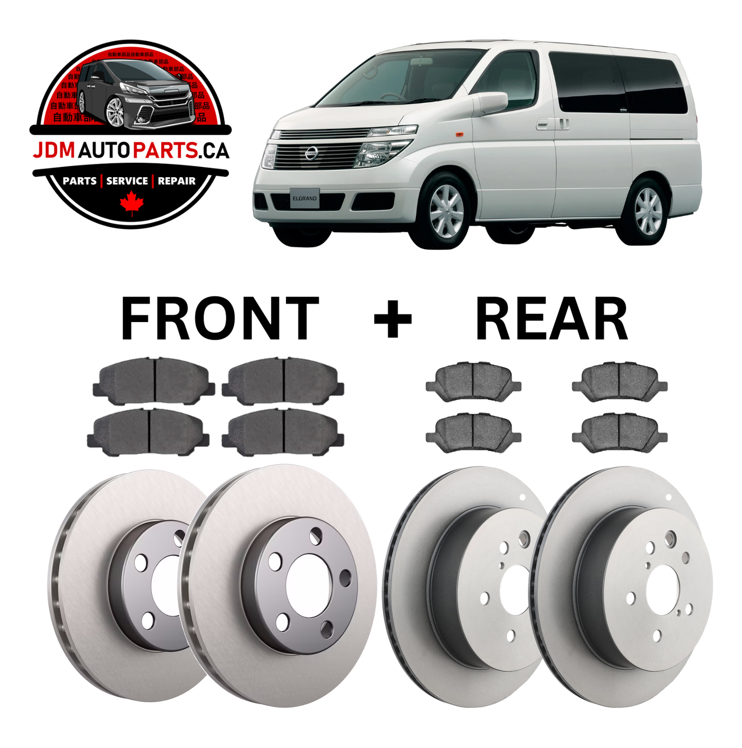 Automotive parts including brake rotors and pads with a white van and JDM Auto Parts CA logo.
