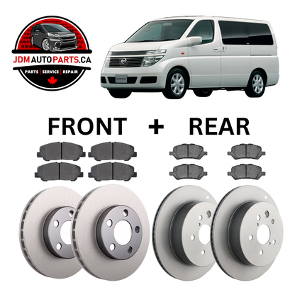 Automotive parts including brake rotors and pads with a white van and JDM Auto Parts CA logo.