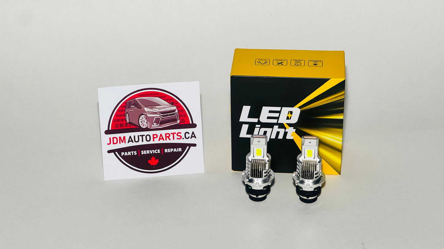 Two LED light bulbs with a packaging box and JDM Auto Parts logo on a white background